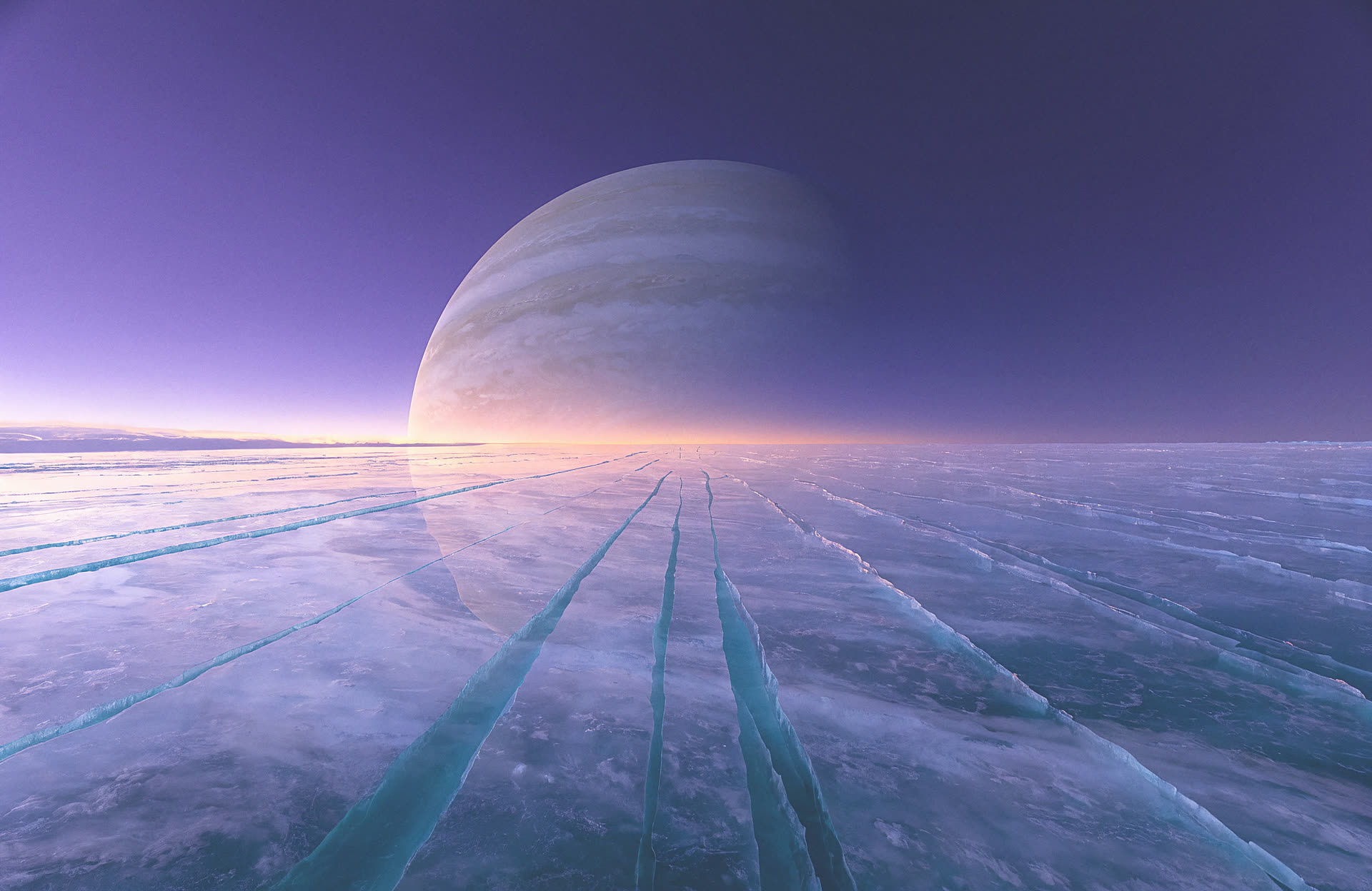 Ice plains of Europa with Jupiter looming above the horizon