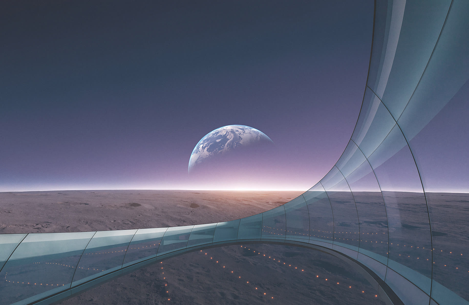 Glass terminal on the lunar plain with Earth rising above the horizon