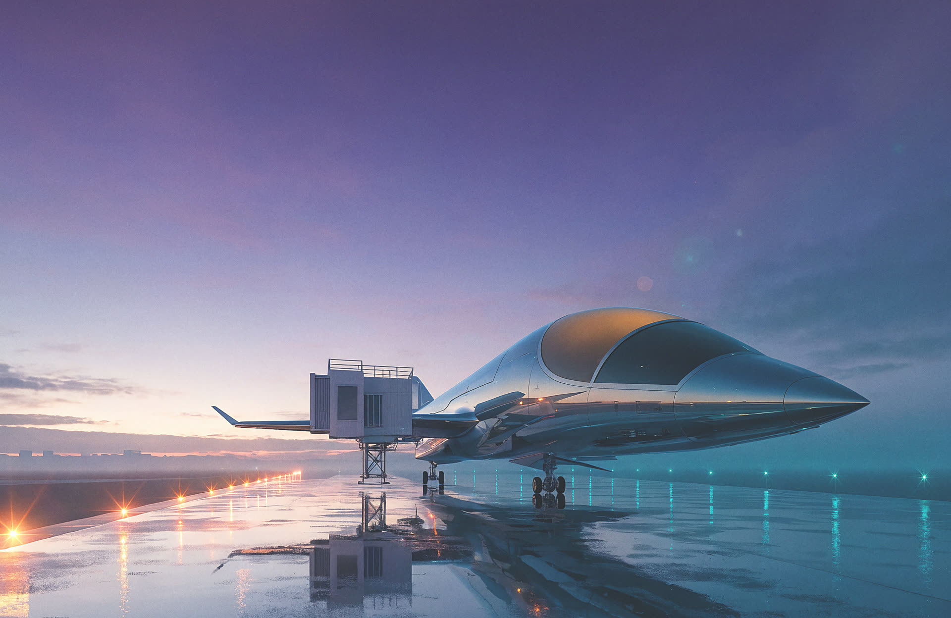 Alnair A-1 Skiff spaceplane parked at the gate at dusk
